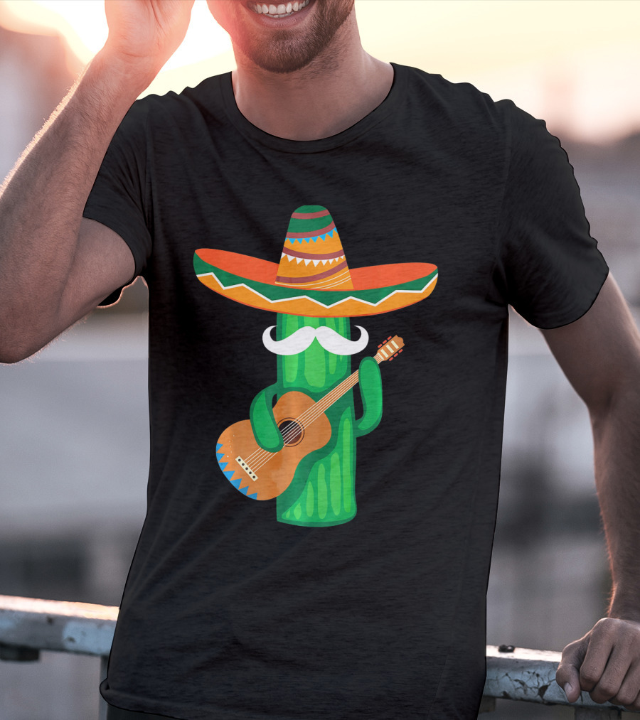 Mustache Cactus Sombrero Playing Guitar T-Shirt