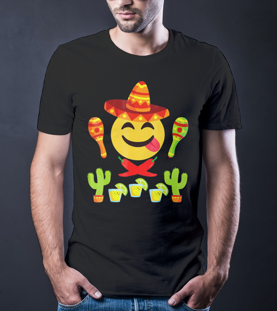 Cinco De Mayo Emoji Tongue Sombrero Cactus Maracas Peppers Lime Shots T-Shirt