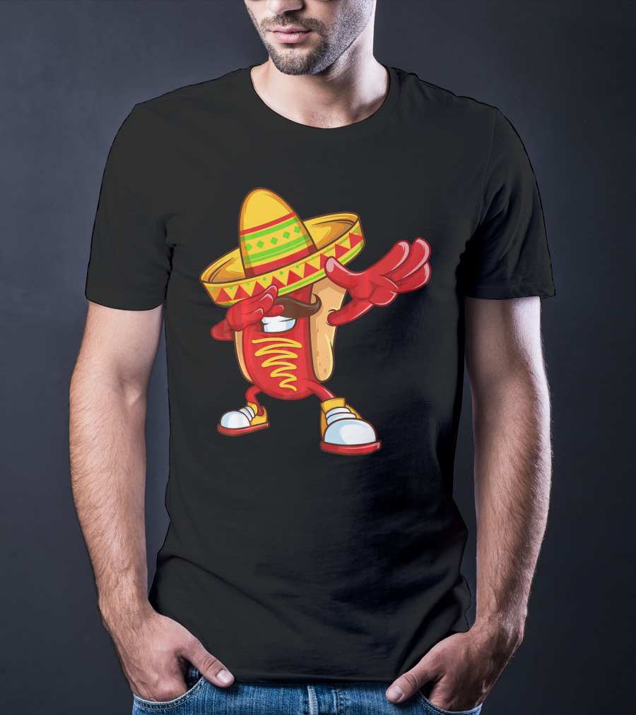 Funny Dabbing Hotdog Sombrero Mexican Cinco De Mayo T-Shirt