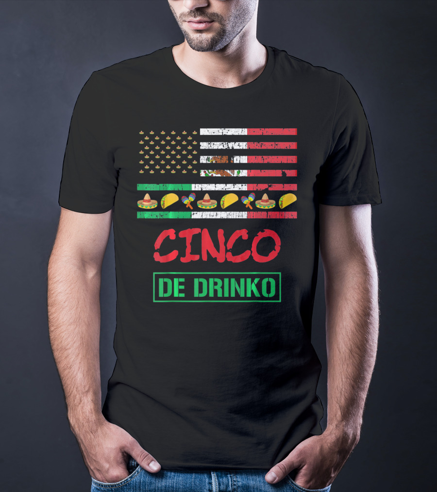 Cinco De Drinko Funny Mexico Flag Sombrero Taco Maracas Icons T-Shirt