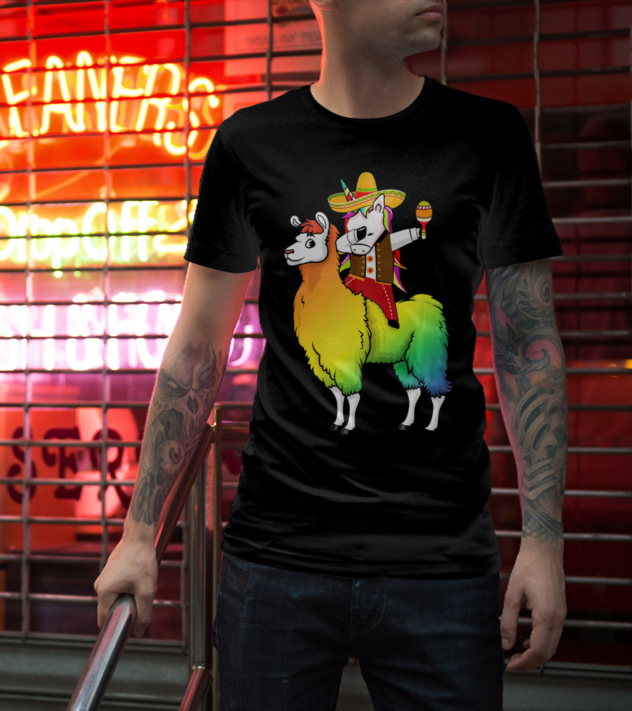 Unicorn Dabbing Riding Llama With Sombrero And Maracas Funny Cinco T-Shirt
