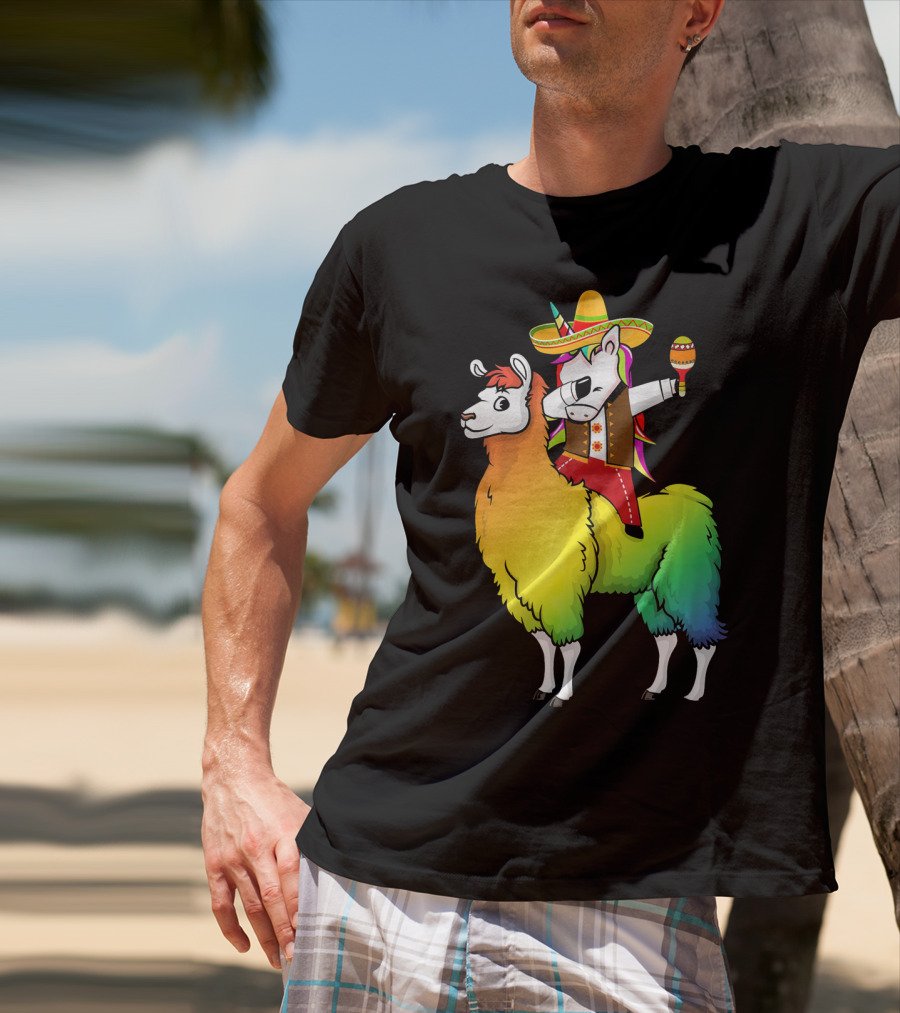 Unicorn Dabbing Riding Llama With Sombrero And Maracas Funny Cinco T-Shirt