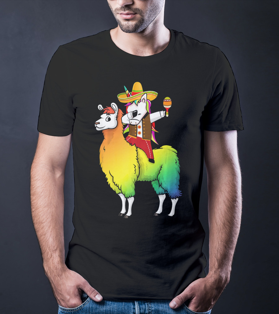 Unicorn Dabbing Riding Llama With Sombrero And Maracas Funny Cinco T-Shirt