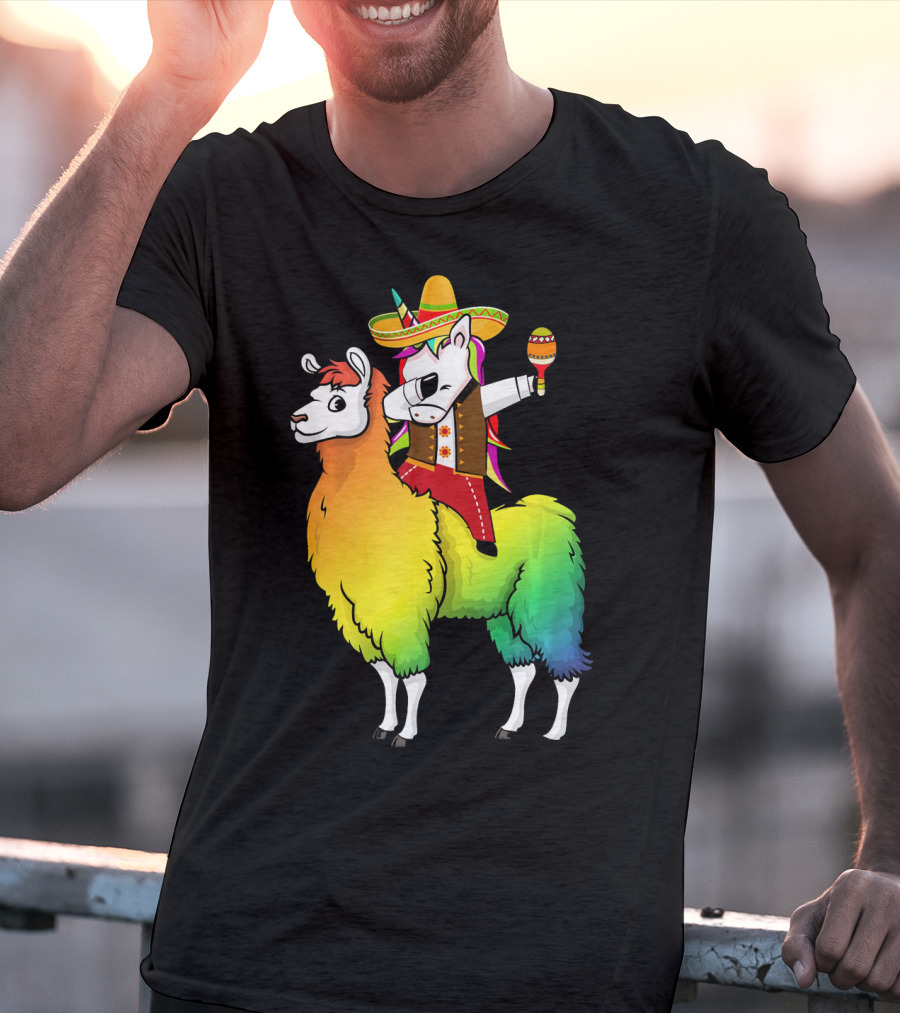 Unicorn Dabbing Riding Llama With Sombrero And Maracas Funny Cinco T-Shirt
