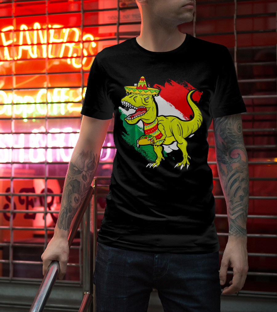 Tacosaurus Rex Sombrero Mexican Flag Cinco De Mayo Mexican Pride T-Shirt
