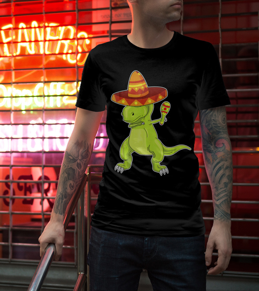 Cinco De Mayo Dinosaur Funny Mexican Sombrero Maracas T-Shirt