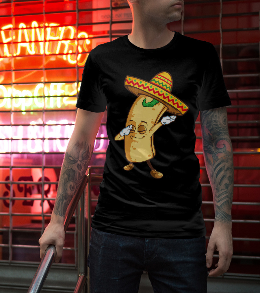 Funny Dabbing Burrito Mexican Cinco De Mayo Sombrero Cartoon T-Shirt