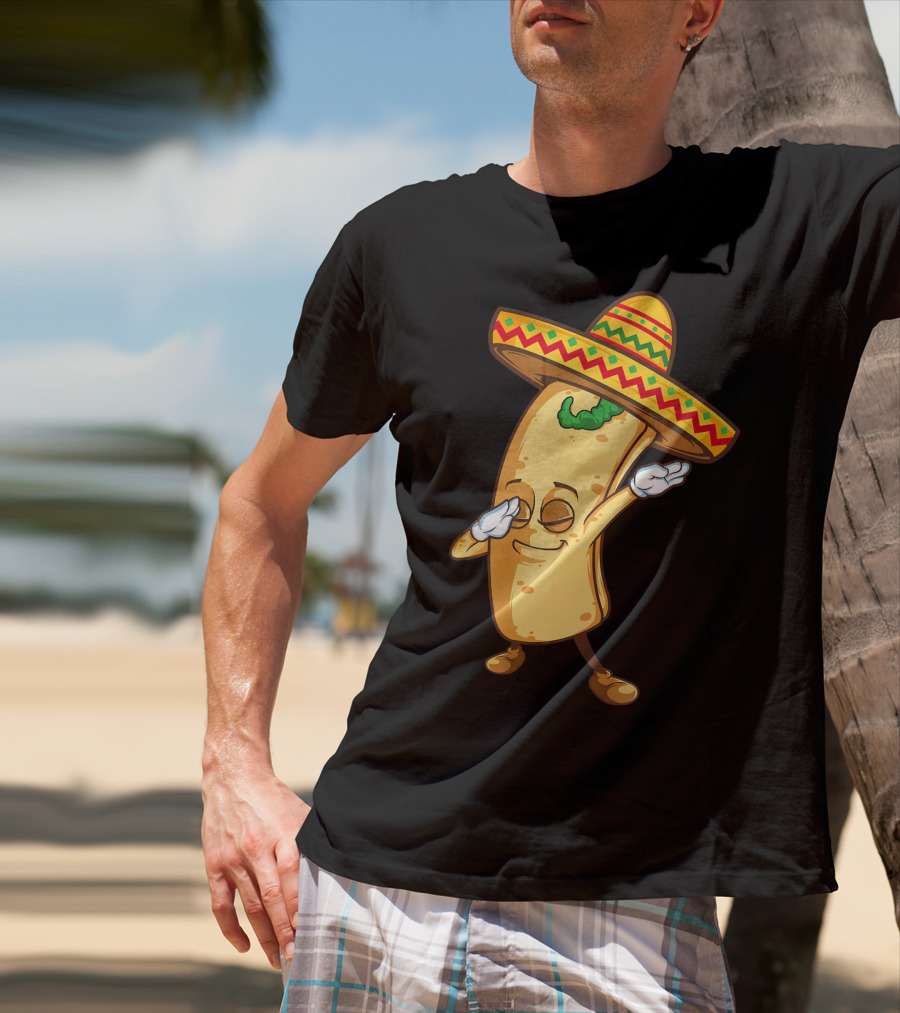 Funny Dabbing Burrito Mexican Cinco De Mayo Sombrero Cartoon T-Shirt