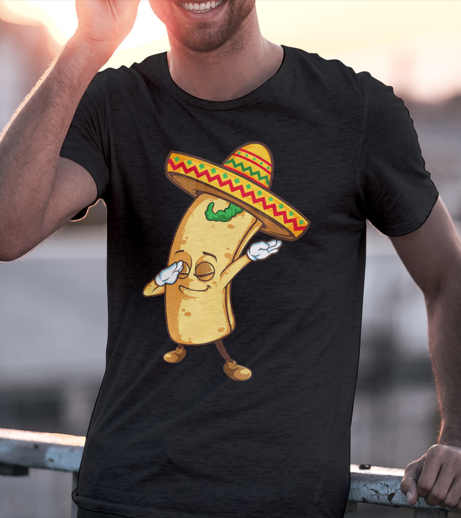 Funny Dabbing Burrito Mexican Cinco De Mayo Sombrero Cartoon T-Shirt