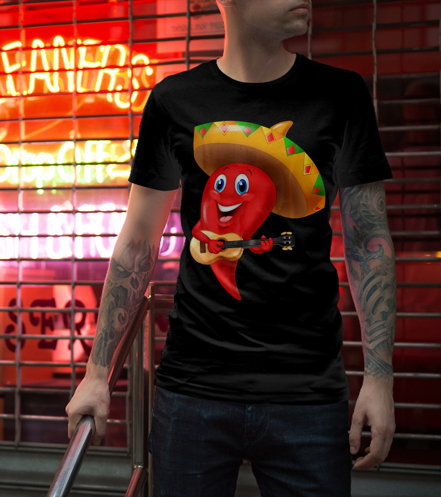 Cute Chili Pepper Wearing Sombrero Playing Guitar Mexico T-Shirt