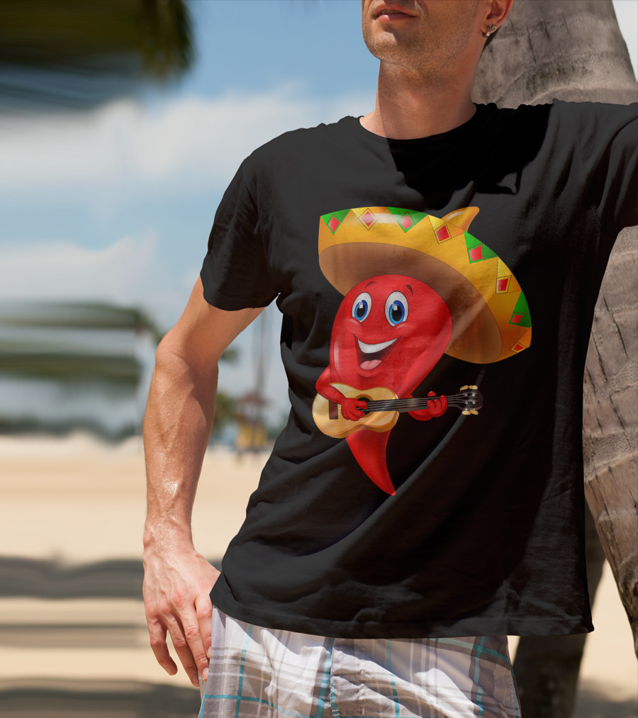 Cute Chili Pepper Wearing Sombrero Playing Guitar Mexico T-Shirt