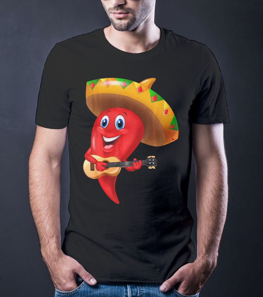 Cute Chili Pepper Wearing Sombrero Playing Guitar Mexico T-Shirt