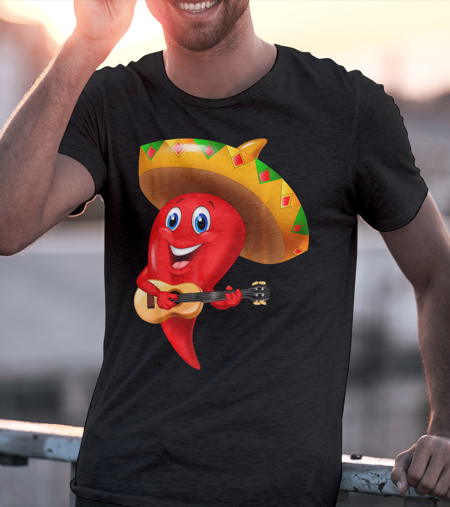 Cute Chili Pepper Wearing Sombrero Playing Guitar Mexico T-Shirt