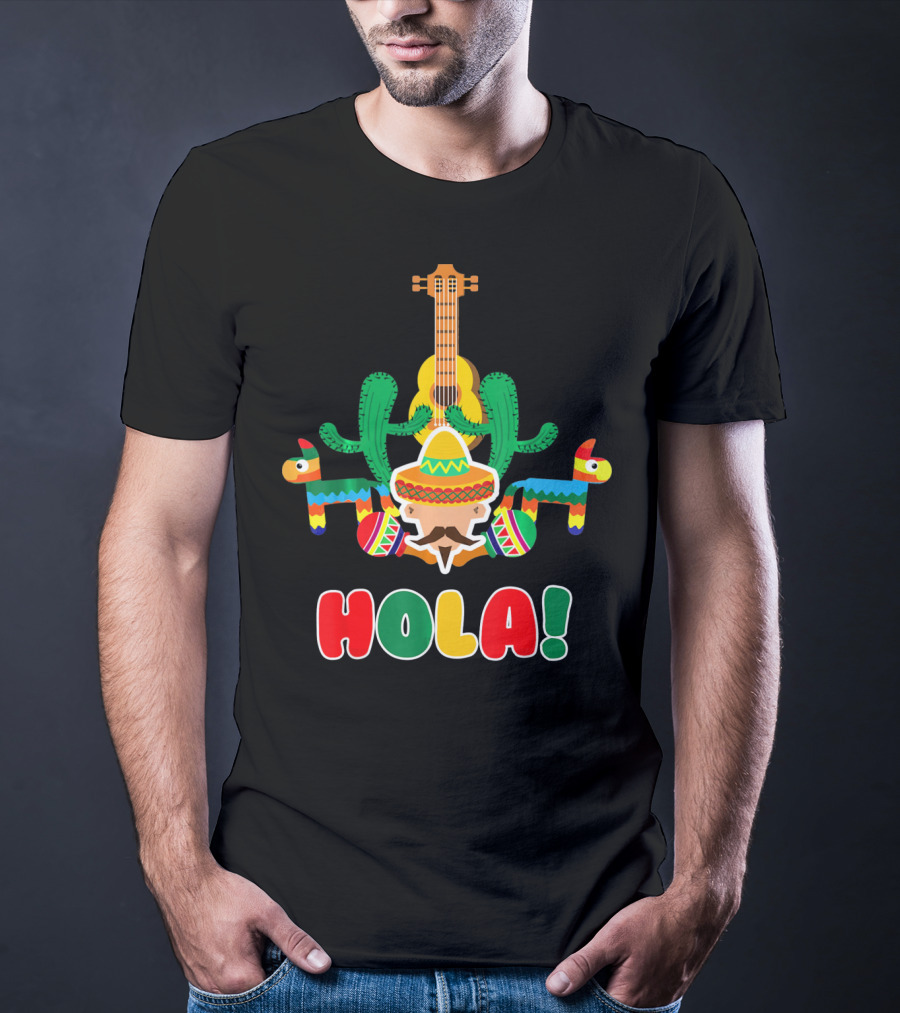 Hola Mexican Sombrero Guitar Cactus Piñata Fiesta T-Shirt