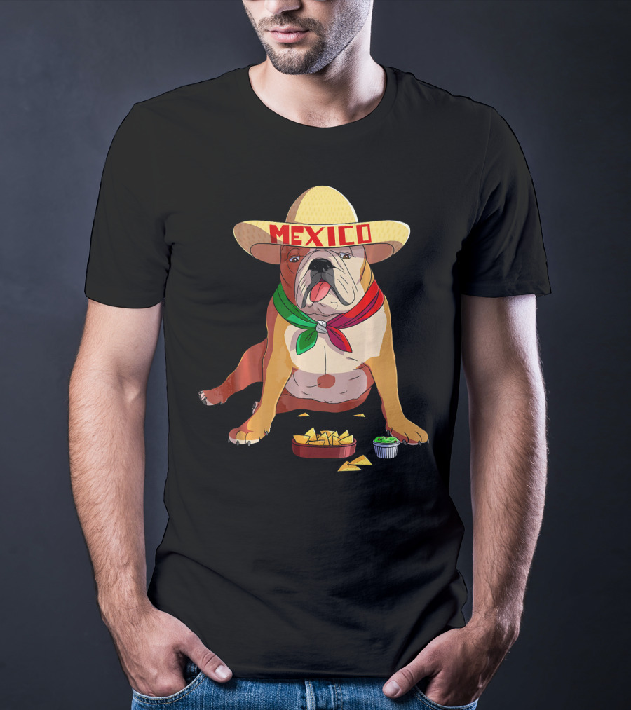 Cinco De Mayo Mexican Bulldog Wearing Sombrero With Chips And Salsa T-Shirt