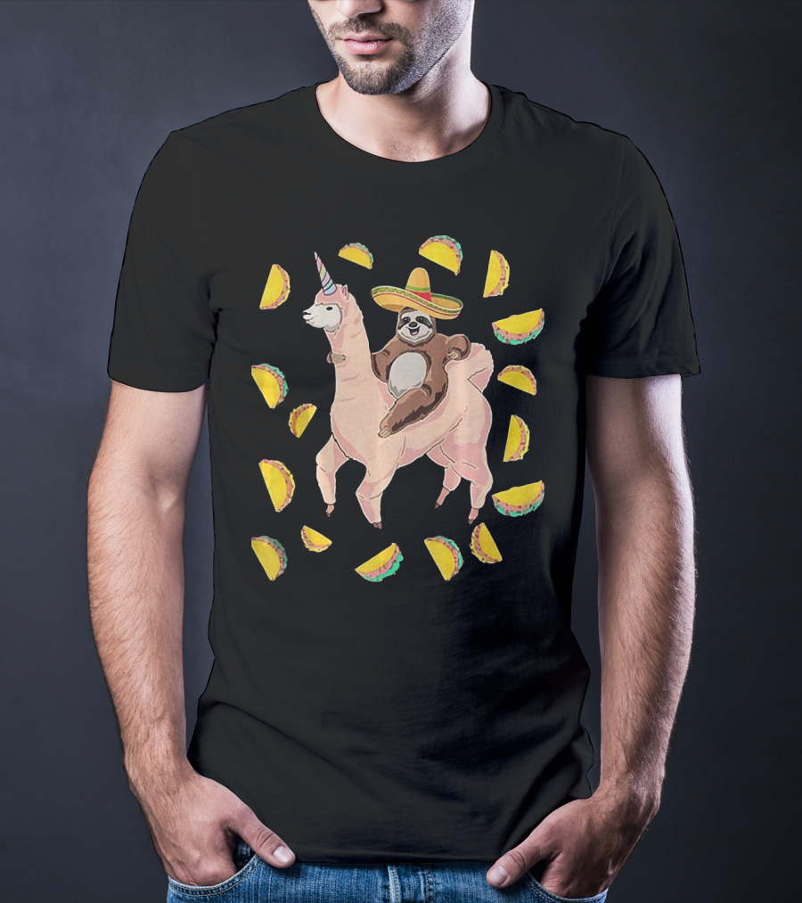 Cinco De Mayo Llamacorn With Sombrero-Wearing Sloth Surrounded By Tacos T-Shirt