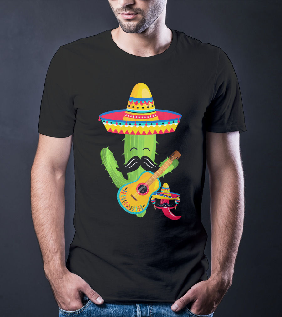 Cute Mustache Cactus With Sombrero Playing Guitar Mexican Fiesta Fun T-Shirt