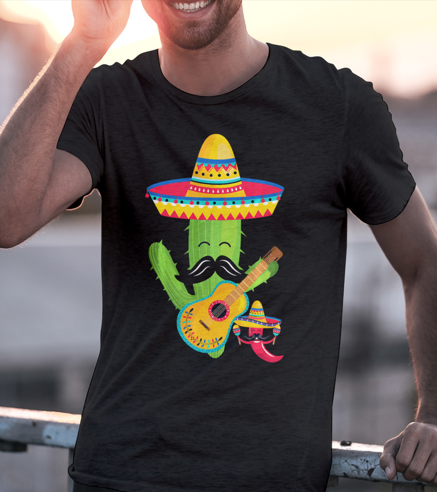 Cute Mustache Cactus With Sombrero Playing Guitar Mexican Fiesta Fun T-Shirt