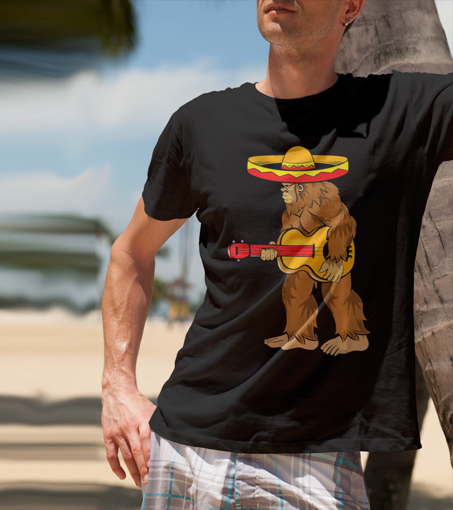 Bigfoot Carrying Guitar Cinco De Mayo Sombrero T-Shirt
