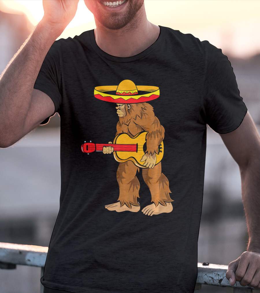 Bigfoot Carrying Guitar Cinco De Mayo Sombrero T-Shirt