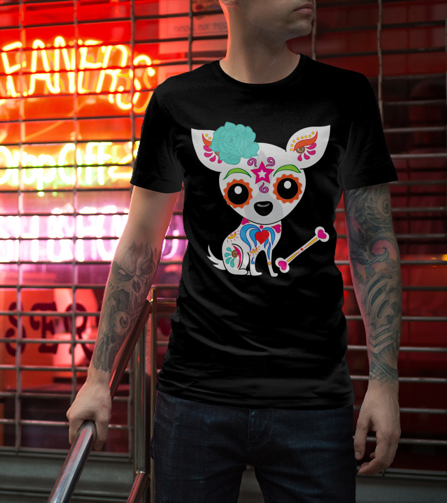 Cinco De Mayo Sugar Skull Chihuahua With Floral Bone And Colorful Flower T-Shirt