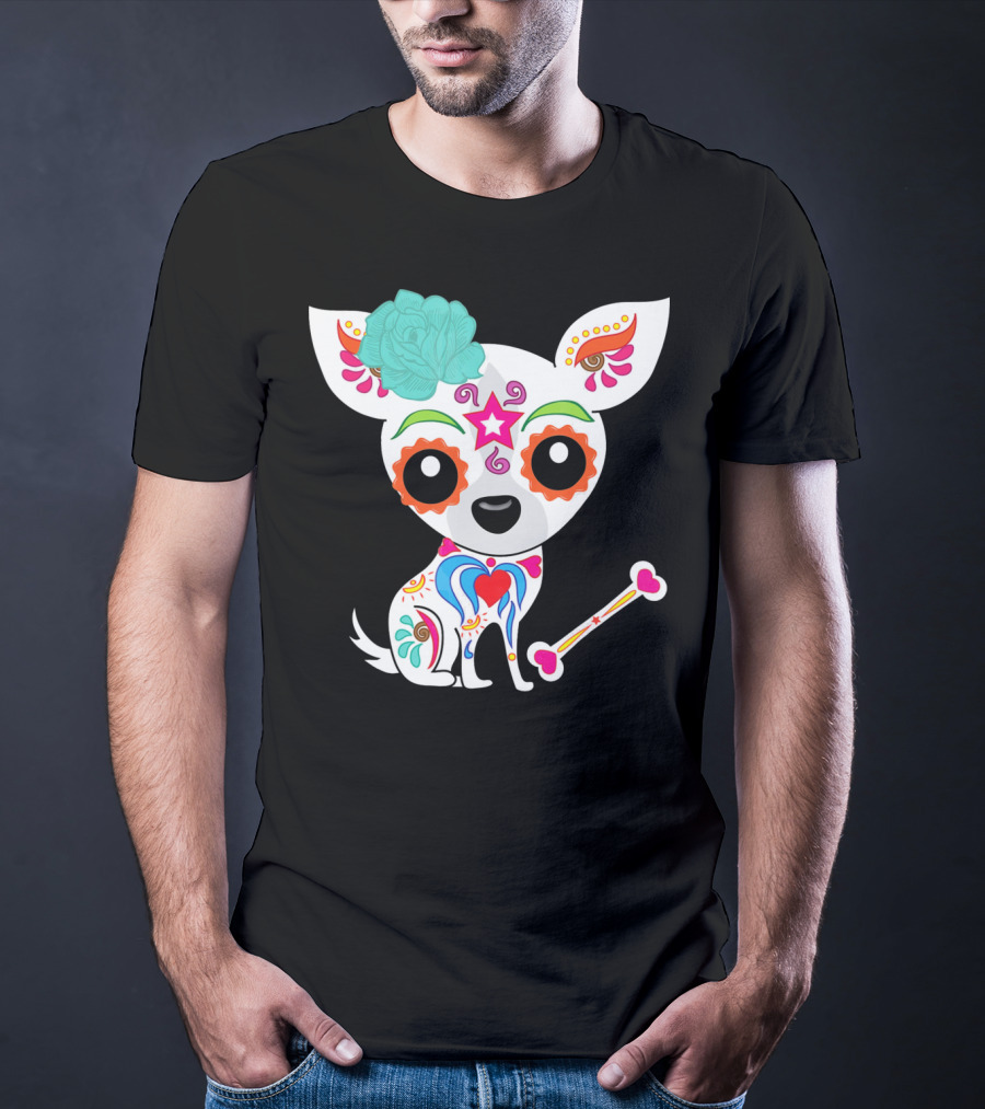 Cinco De Mayo Sugar Skull Chihuahua With Floral Bone And Colorful Flower T-Shirt