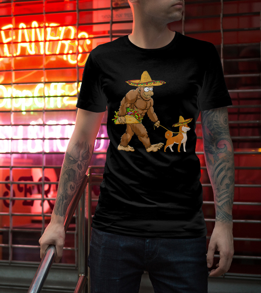 Bigfoot Taco Sombrero Shiba Inu Dog Cinc Walking Cartoon T-Shirt