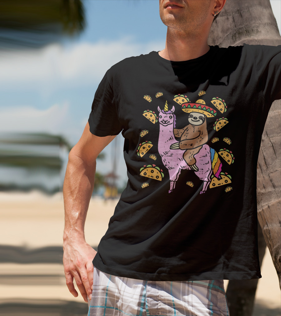 Cinco De Mayo Llamacorn With Sombrero Sloth Surrounded By Tacos T-Shirt