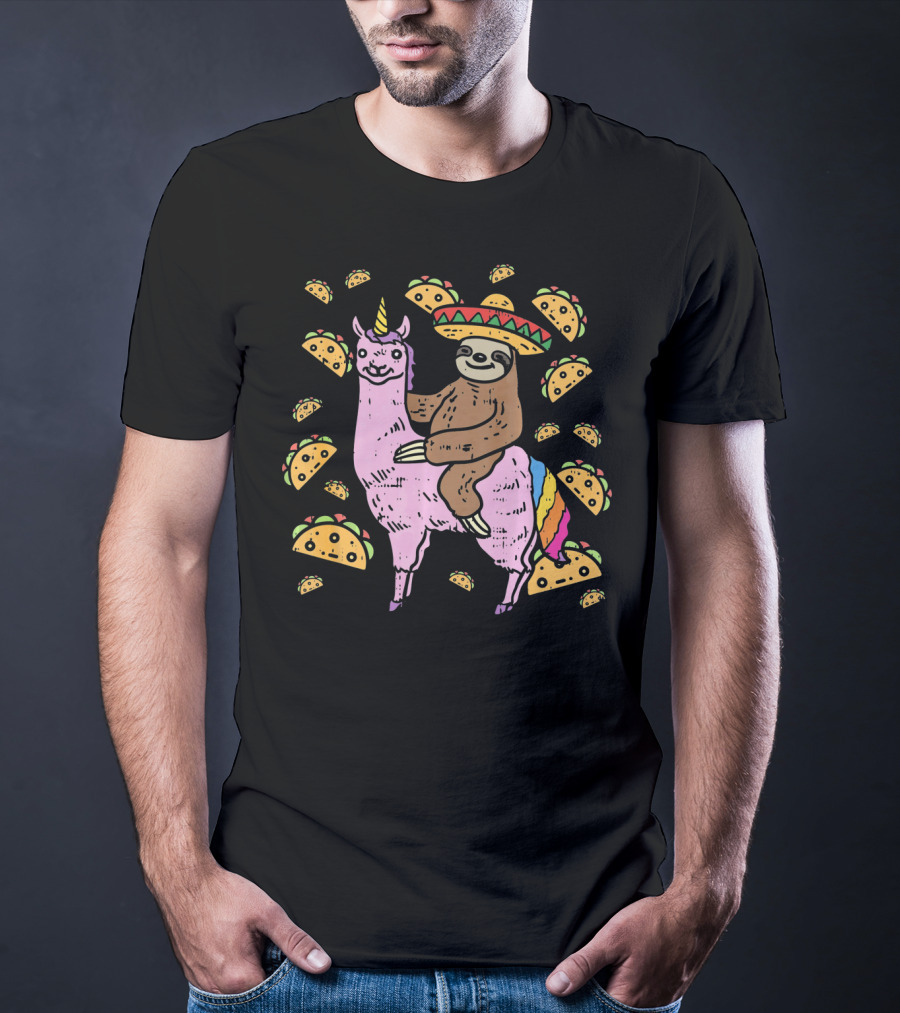 Cinco De Mayo Llamacorn With Sombrero Sloth Surrounded By Tacos T-Shirt