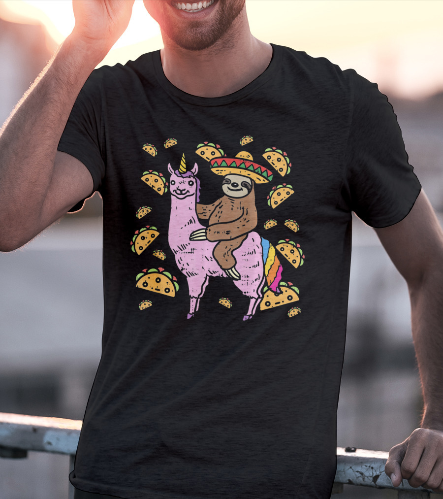 Cinco De Mayo Llamacorn With Sombrero Sloth Surrounded By Tacos T-Shirt