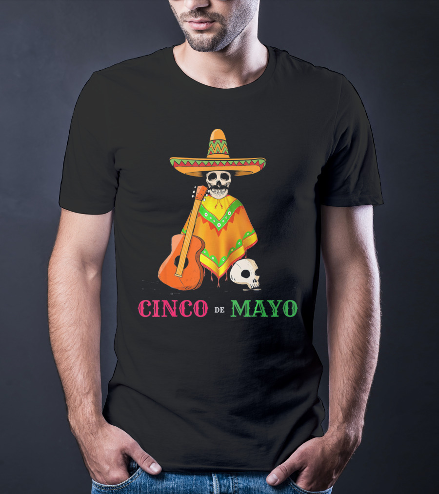Cinco De Mayo Sombrero Skull Poncho Guitar T-Shirt