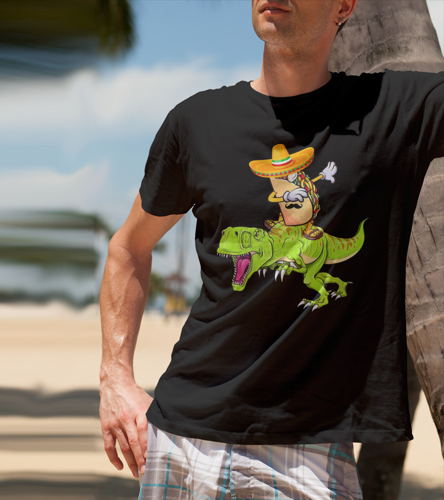Dabbing Taco Sombrero On T-Rex Dinosaur T-Shirt
