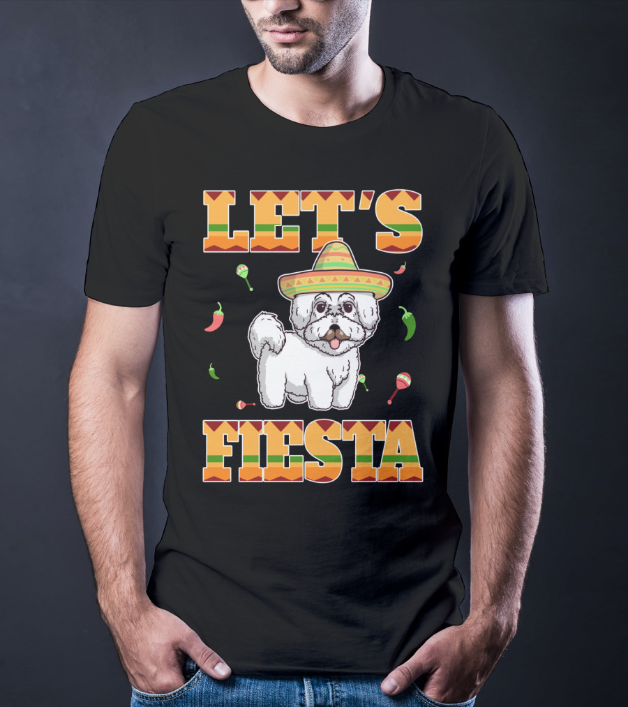 Let's Fiesta Bichon Frise Dog Cinco De Mayo Sombrero Peppers Maracas T-Shirt