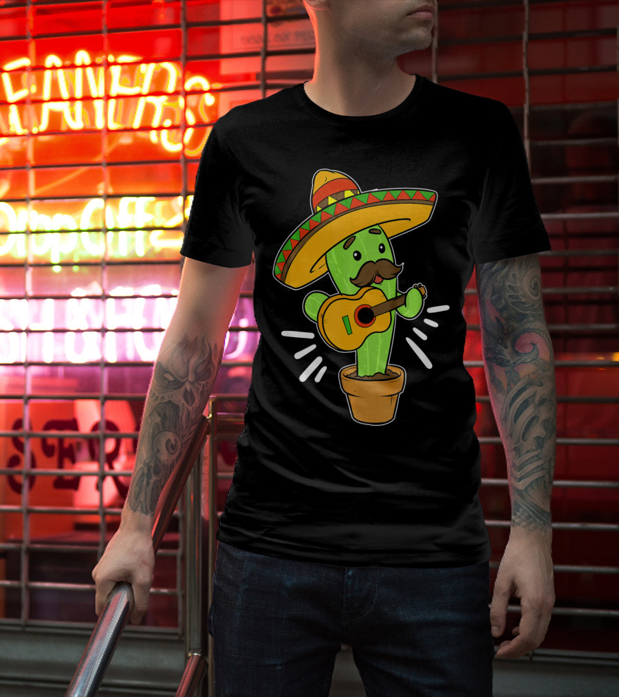 Cinco De Mayo Cactus Playing Guitar With Sombrero T-Shirt