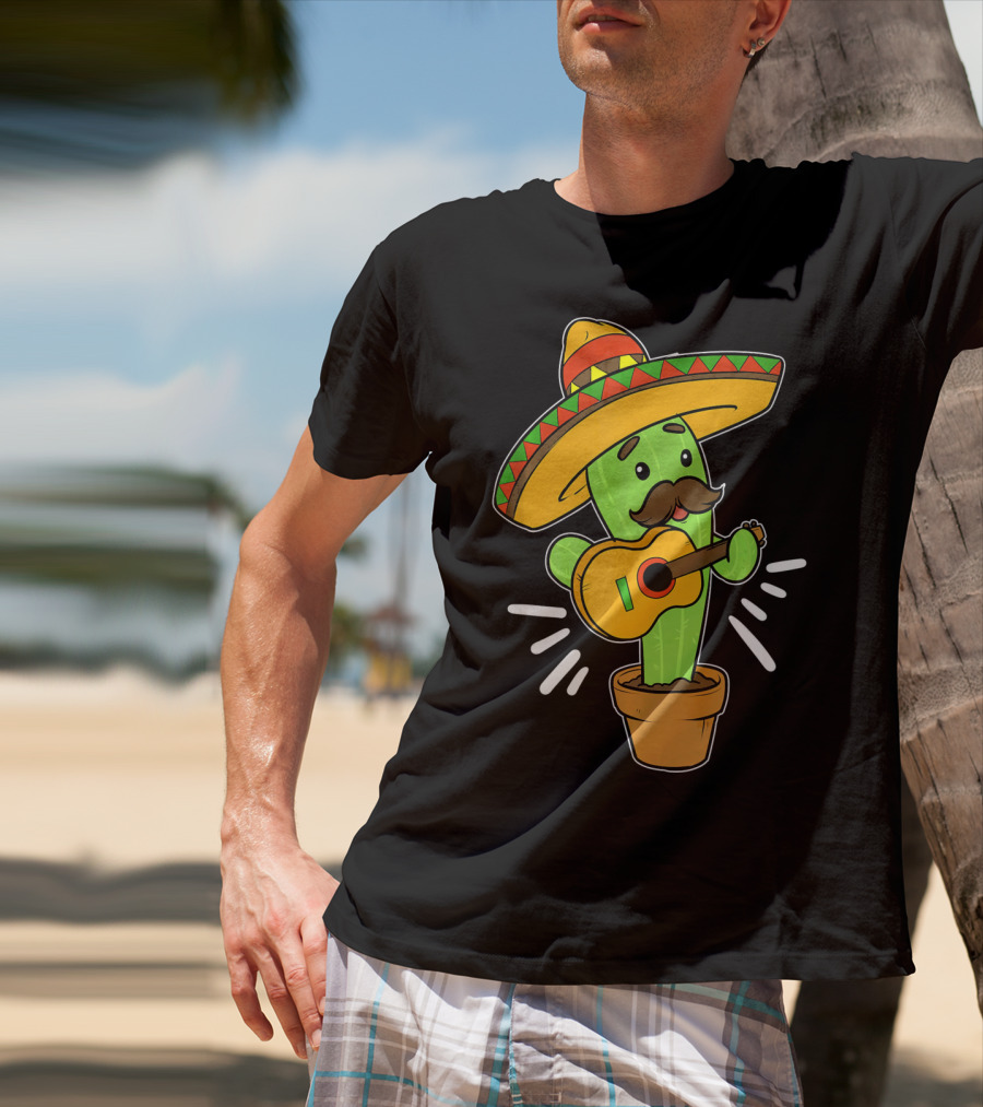 Cinco De Mayo Cactus Playing Guitar With Sombrero T-Shirt