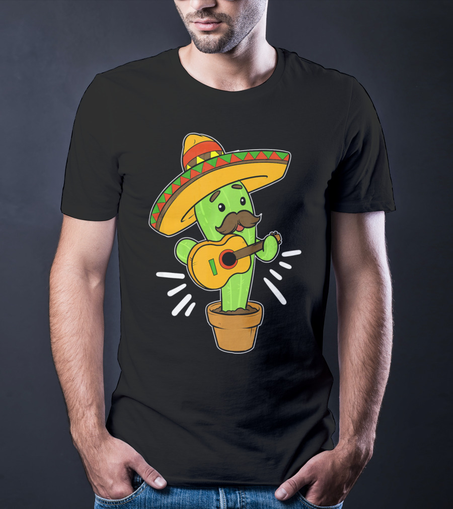 Cinco De Mayo Cactus Playing Guitar With Sombrero T-Shirt