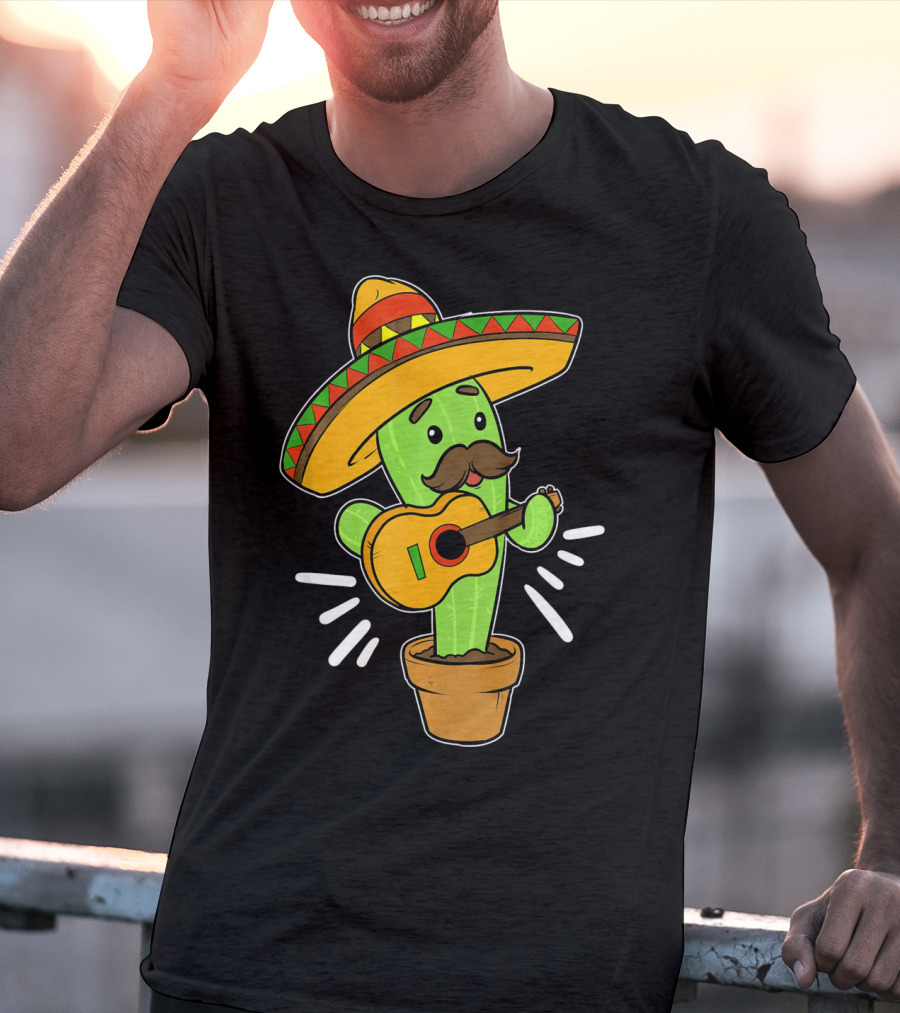 Cinco De Mayo Cactus Playing Guitar With Sombrero T-Shirt