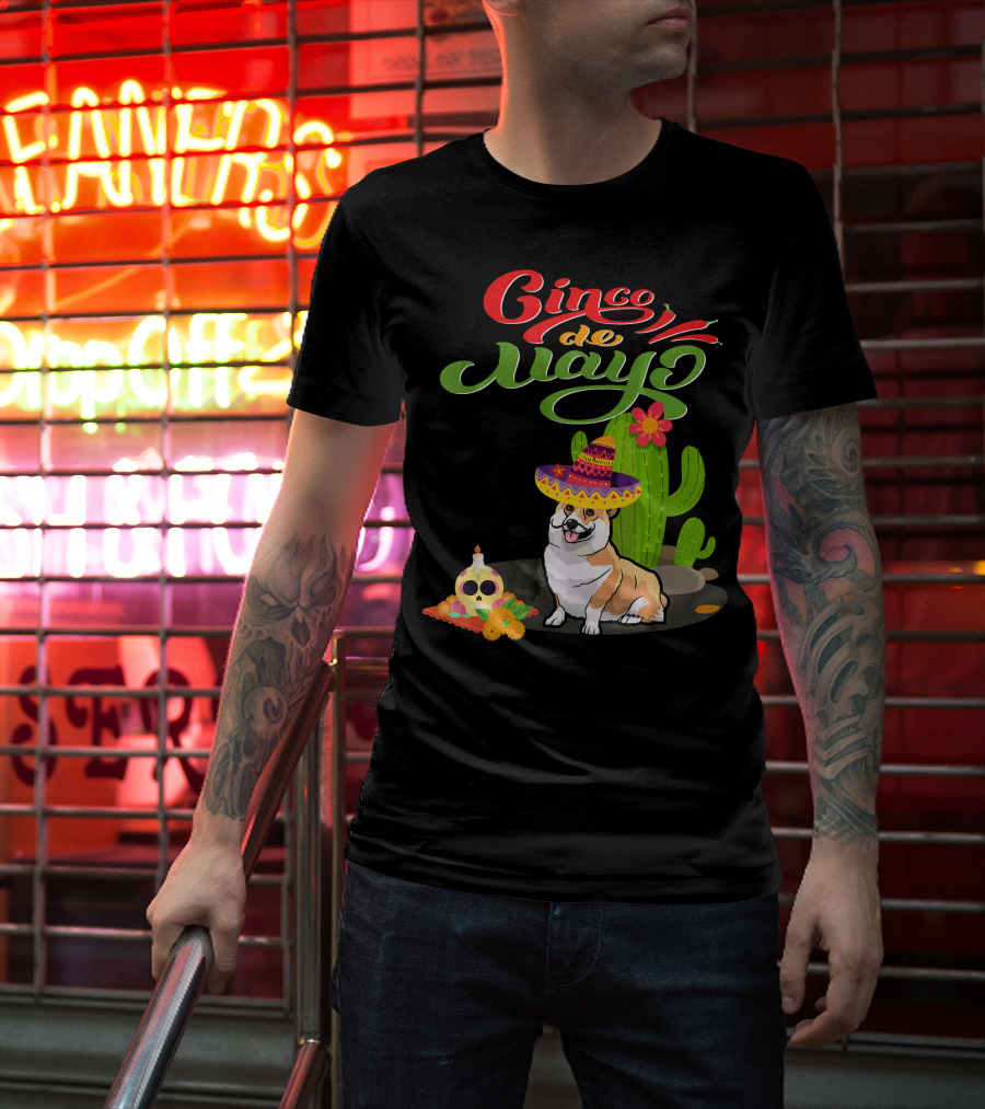 Cinco De Mayo Corgi Dog Fiesta With Sombrero And Cactus T-Shirt