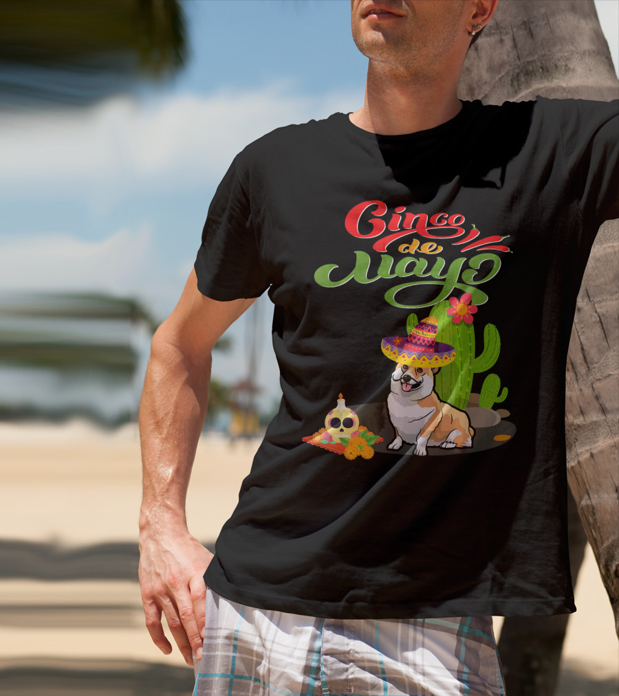 Cinco De Mayo Corgi Dog Fiesta With Sombrero And Cactus T-Shirt