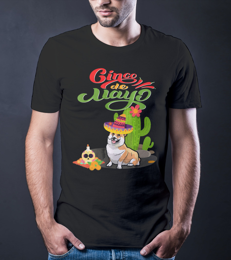 Cinco De Mayo Corgi Dog Fiesta With Sombrero And Cactus T-Shirt