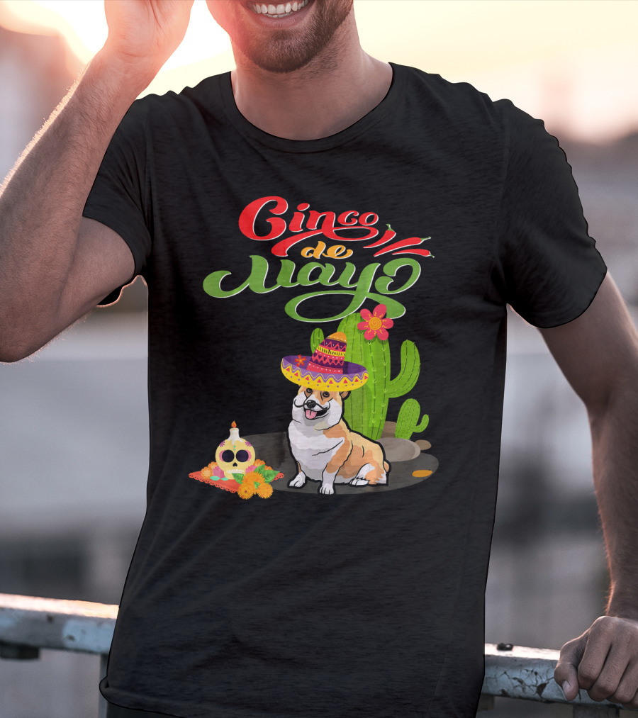 Cinco De Mayo Corgi Dog Fiesta With Sombrero And Cactus T-Shirt