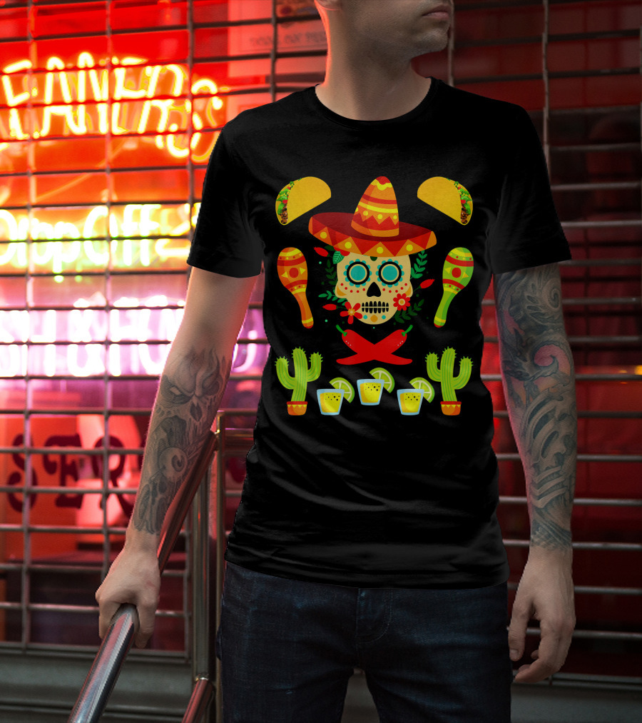 Fiesta Cinco De Mayo Sombrero Cactus Maracas Tacos Skull Peppers Shots Lime T-Shirt