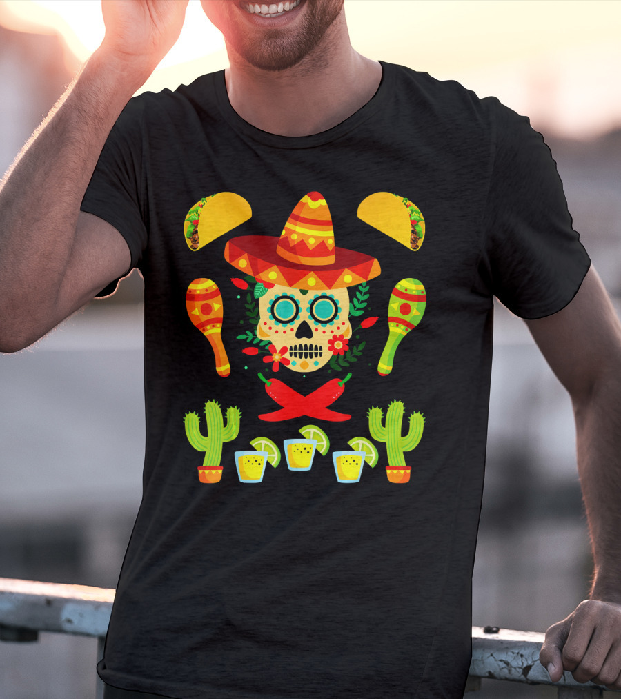 Fiesta Cinco De Mayo Sombrero Cactus Maracas Tacos Skull Peppers Shots Lime T-Shirt