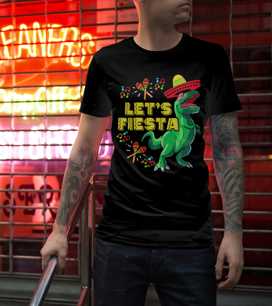 Let's Fiesta Cinco De Mayo Dino Sombrero Maracas Music Notes T-Shirt