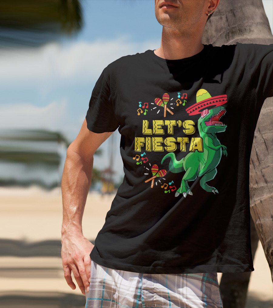 Let's Fiesta Cinco De Mayo Dino Sombrero Maracas Music Notes T-Shirt