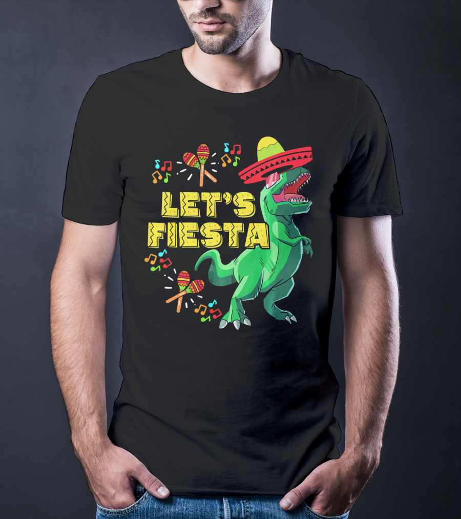 Let's Fiesta Cinco De Mayo Dino Sombrero Maracas Music Notes T-Shirt