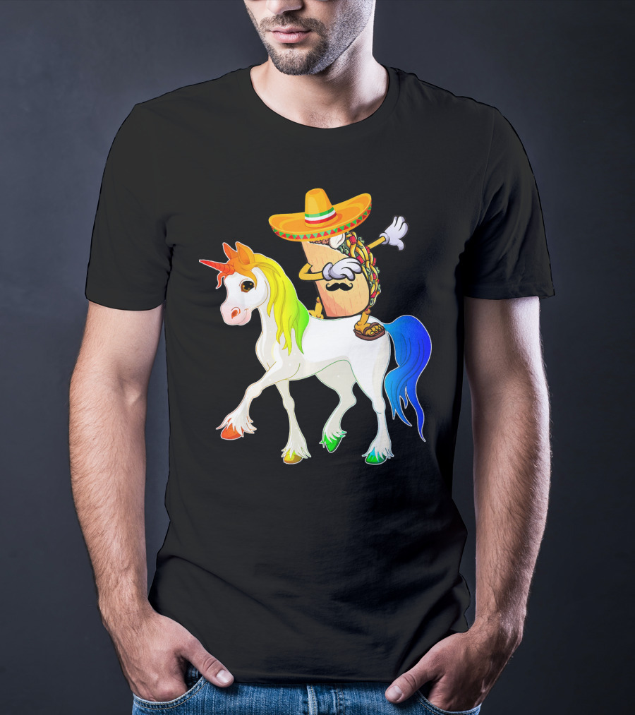 Dabbing Taco Sombrero With Mustache Riding Colorful Unicorn Fun T-Shirt