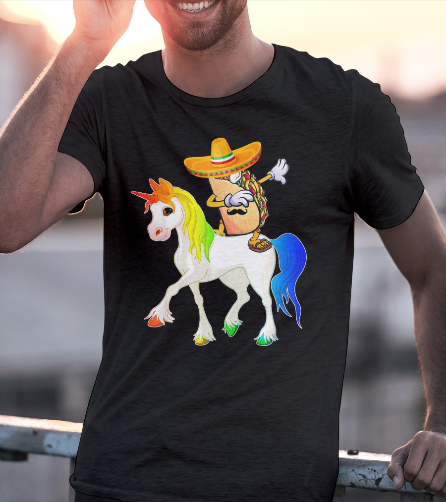 Dabbing Taco Sombrero With Mustache Riding Colorful Unicorn Fun T-Shirt