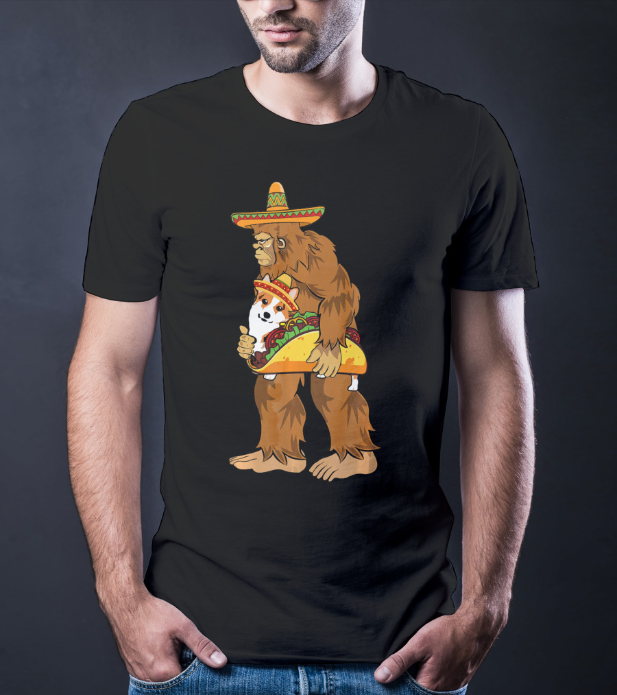 Bigfoot Sombrero Carry Corgi Taco Cinco De Mayo Humor T-Shirt