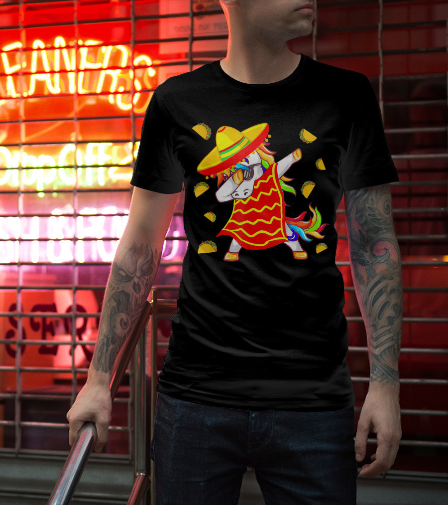 Unicorn Dabbing In Mexican Poncho With Sombrero Surrounded By Tacos T-Shirt